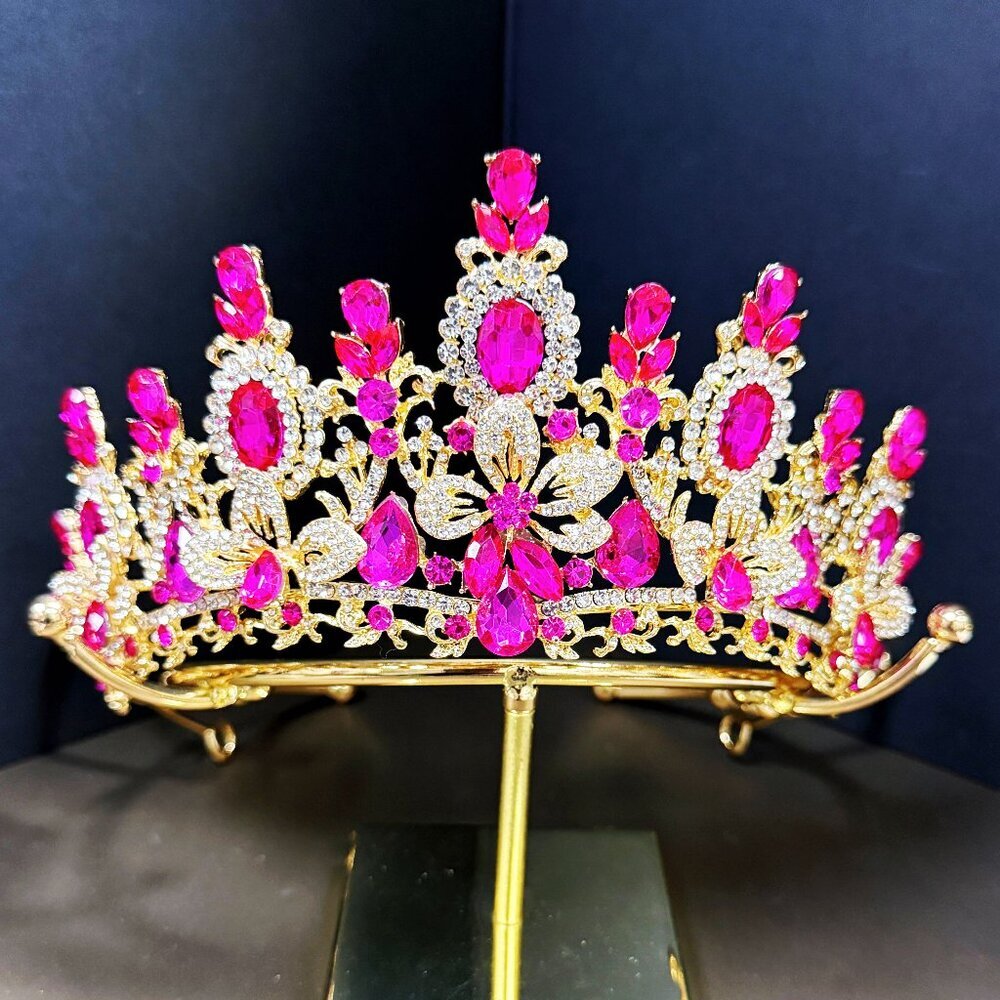 Princess Flower Crown, Floral Tiara, Birthday Party Crown, Fuchsia Crystal Tiara